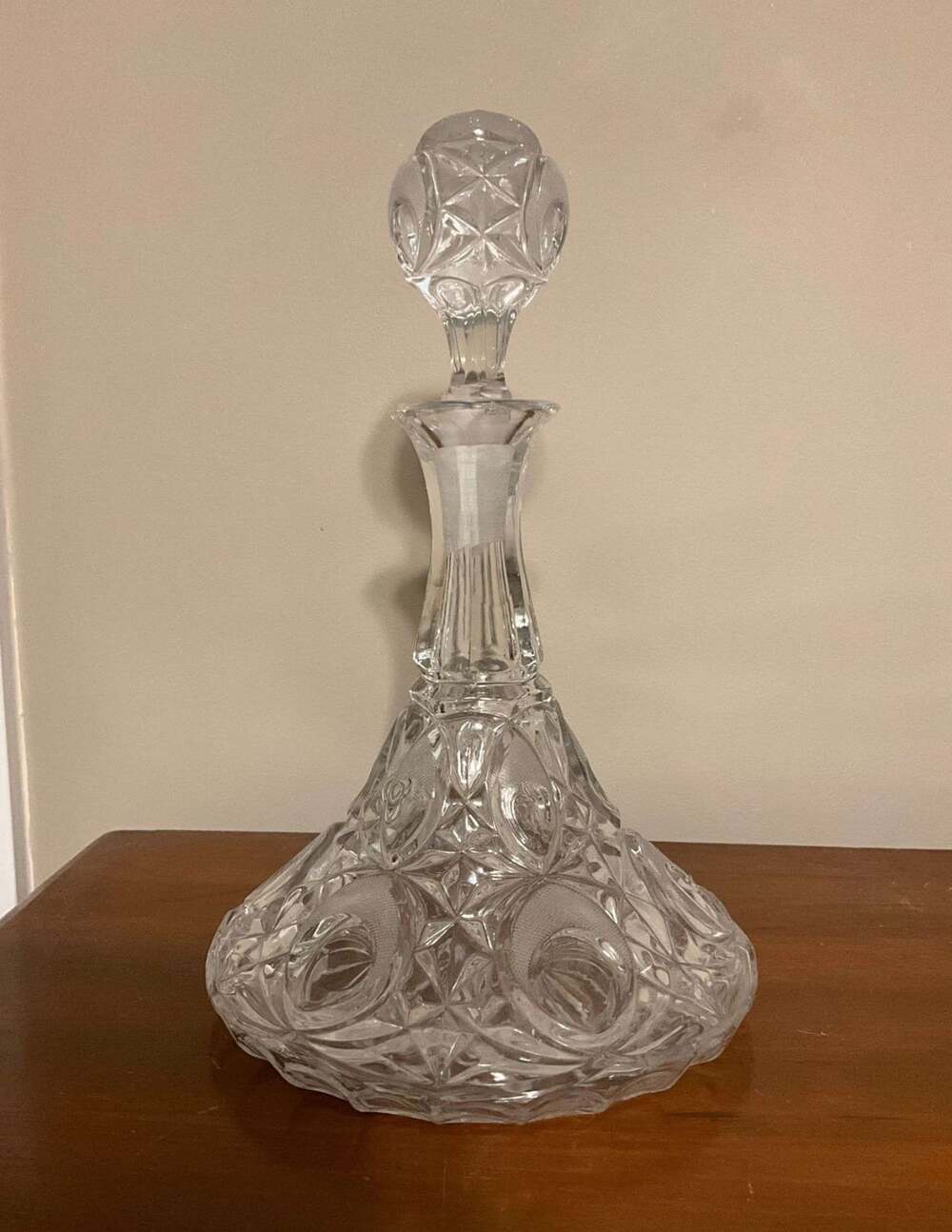 Vintage Cut Crystal Peacock Pattern Ship Decanter with Stopper